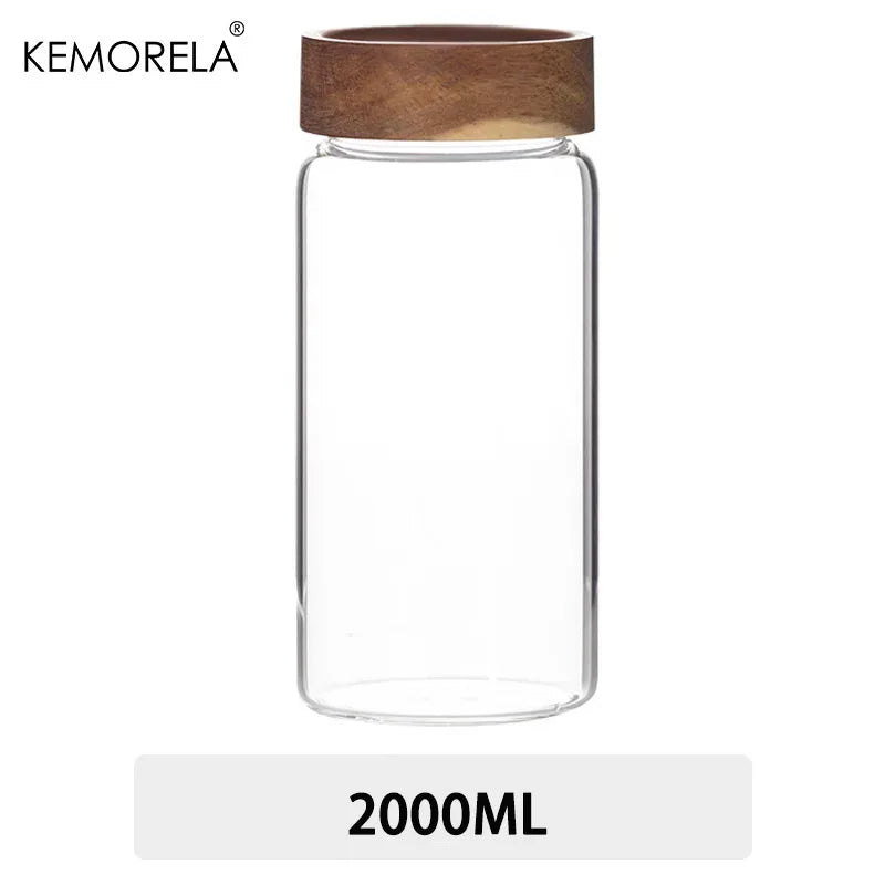 Glass Sealed Storage Jars with Wood Lid | Kitchen Organizer Glass Storage Jars Axl 2000ML