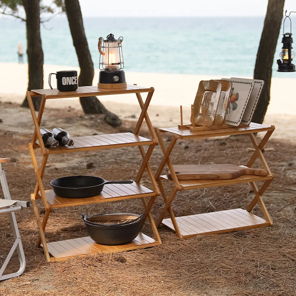 Bamboo Foldable Camping Shelf – 3–4 Tier Portable Storage Rack Foldable Bamboo Shelf Axl