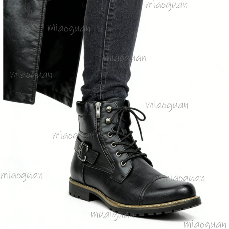 Men's Retro Leather Ankle Boots – Double Zipper Motorcycle Style Men's Ankle Boots Axl