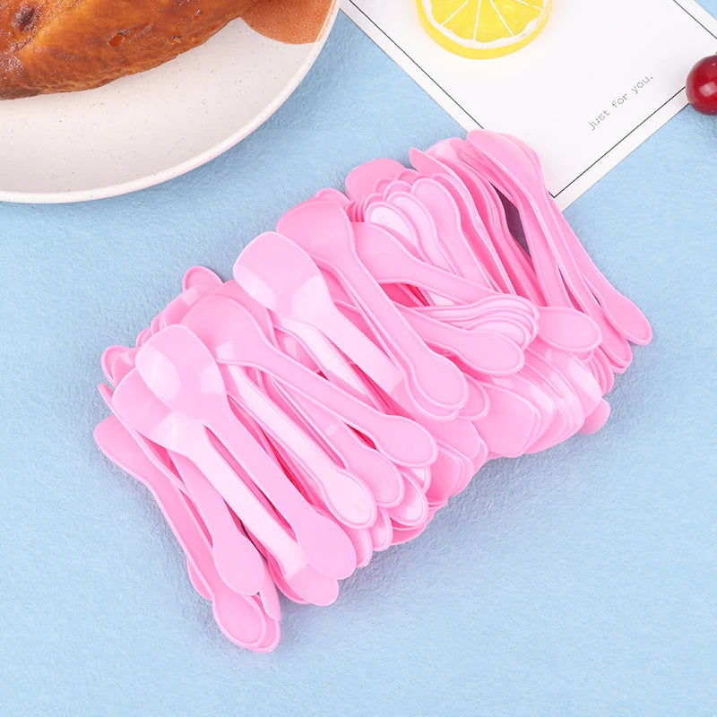 100 Mini Plastic Spoons – Dessert, Ice Cream & Party Spoons Disposable Party Spoons Axl Pink