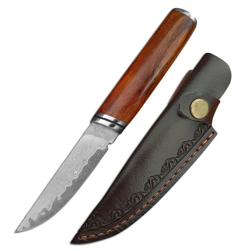 Damascus Steel Boning Knife with Leather Sheath | 7" Blade Fixed Blade Knife Axl type 1
