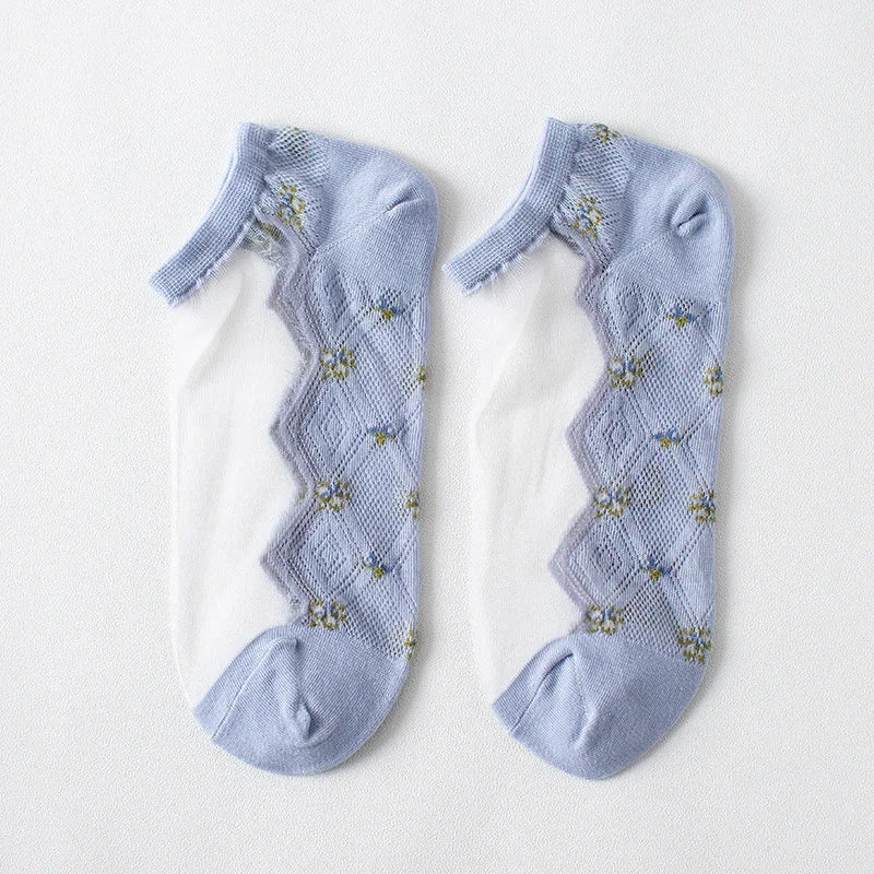 Women's Lace Floral Ankle Socks – 5 Pairs Breathable Cotton Women's Ankle Socks Axl bule One Size