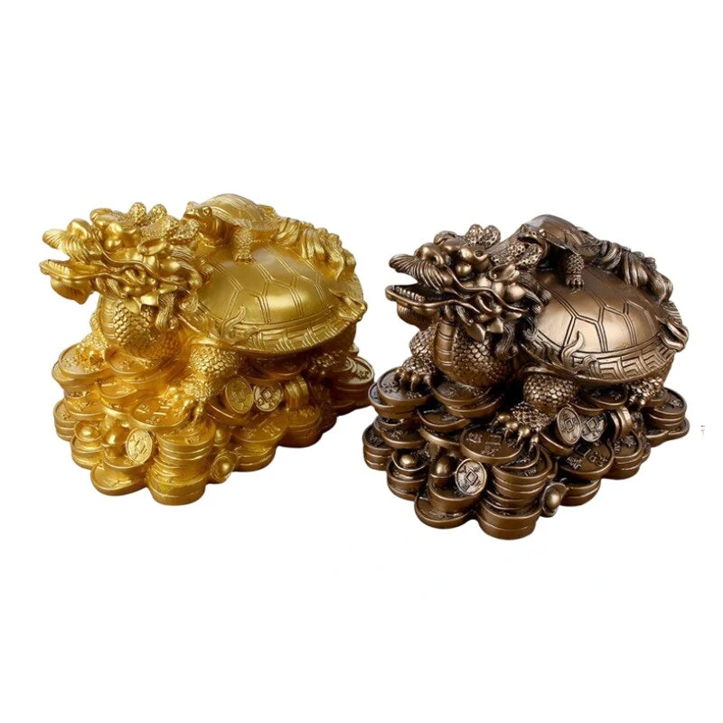 Feng Shui Dragon Turtle Statue – Gold Resin Wealth Decor Feng Shui Figurine Axl