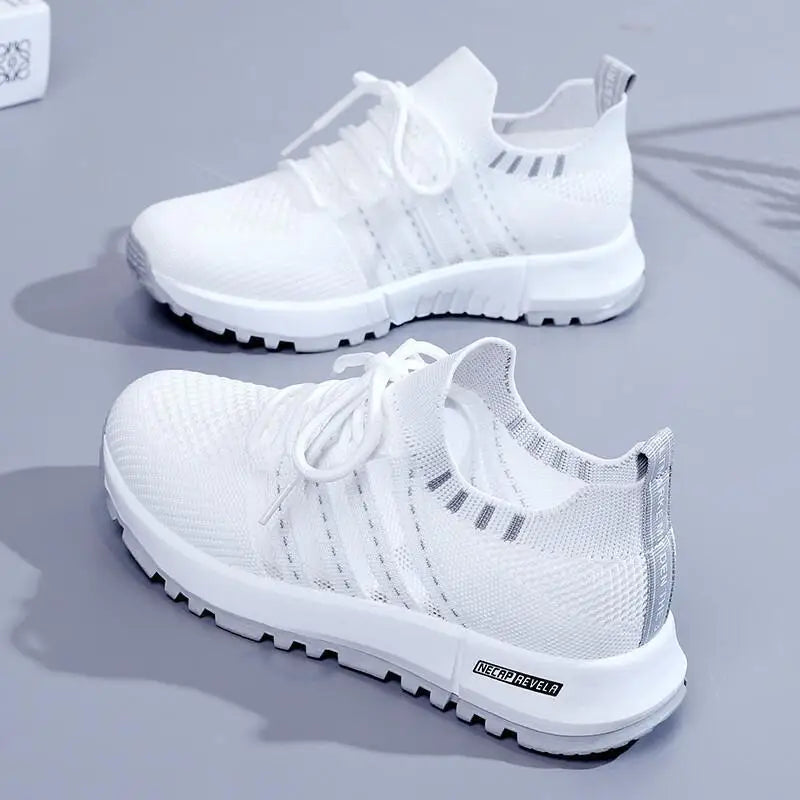 Women's White Platform Sneakers – Breathable Mesh Lace-Up Platform Sneakers Axl GRAY 39