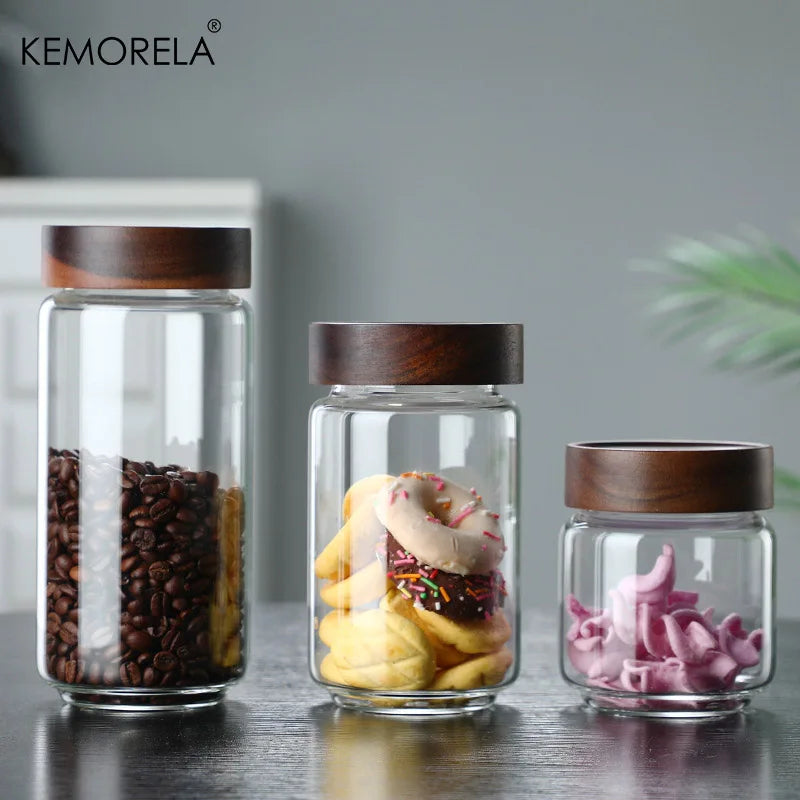 Glass Sealed Storage Jars with Wood Lid | Kitchen Organizer Glass Storage Jars Axl