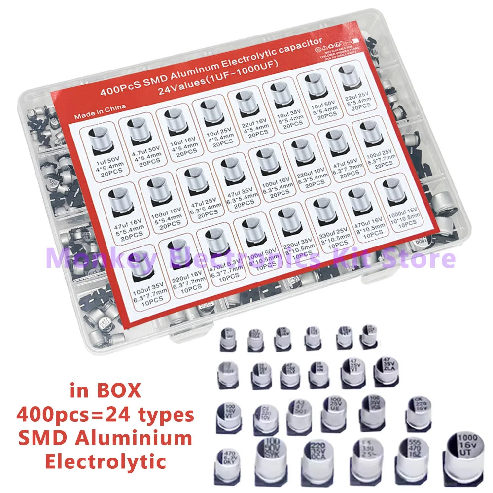 400PCS SMD Electrolytic Capacitor Kit – 24 Values 1uF–1000uF Capacitor Assortment Kit Axl
