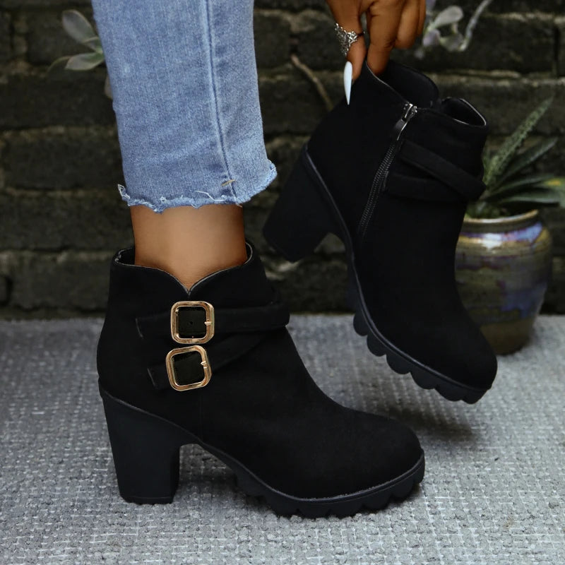 Women's Square Heel Ankle Boots – Faux Suede Winter Fashion Women's Ankle Boots Axl