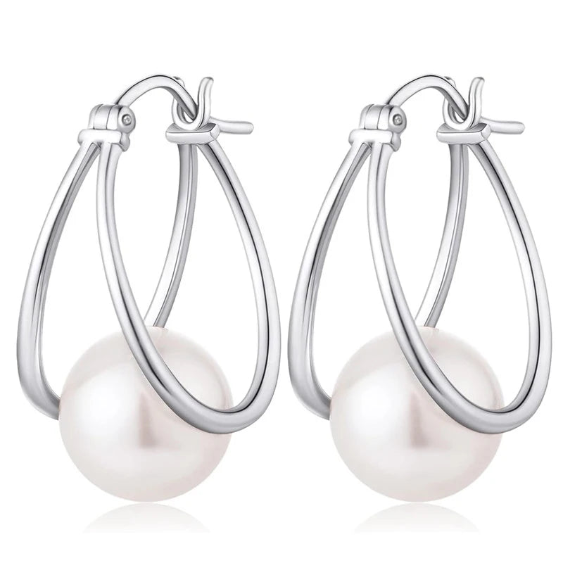 Huitan Imitation Pearl Hoop Earrings – Silver Fashion Jewelry Pearl Hoop Earrings Axl E3695
