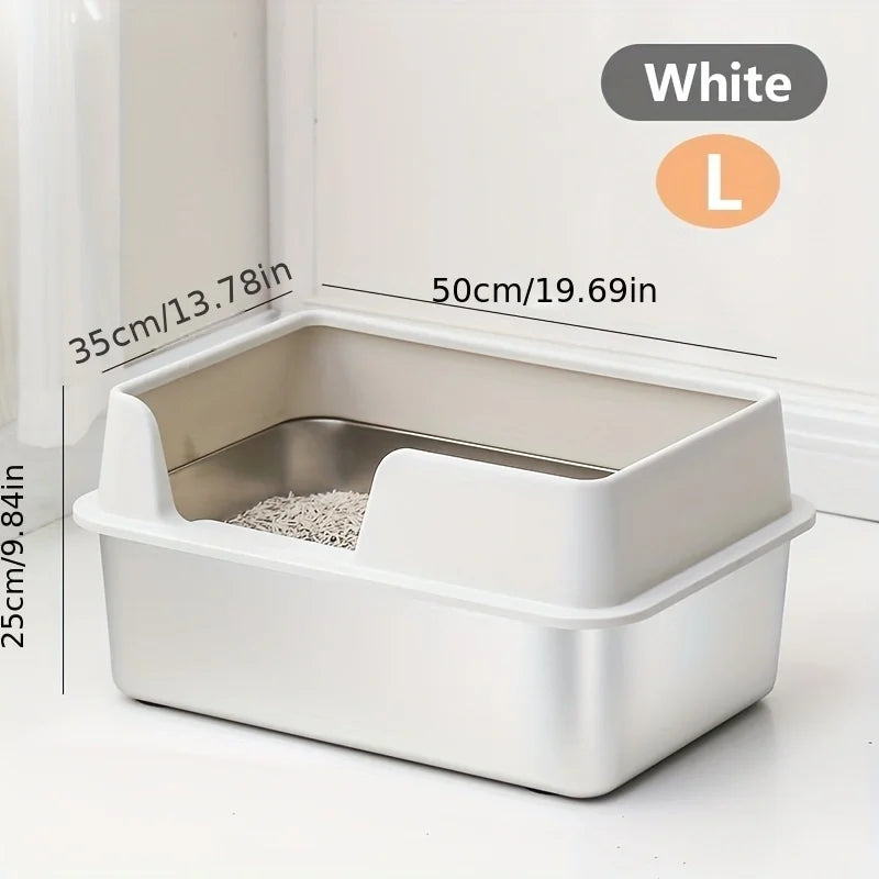 Extra Large Stainless Steel Cat Litter Box – High Wall & Lid Cat Litter Box Axl White L