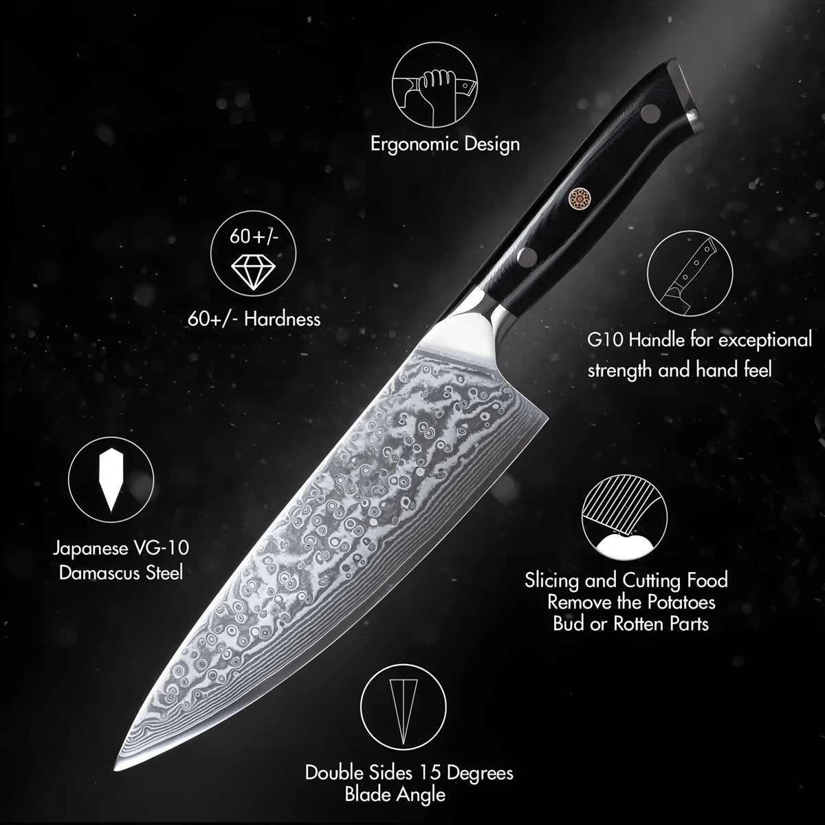 67-Layer Damascus Steel Chef Knife – Sharp Professional Kitchen Damascus Chef Knife Axl
