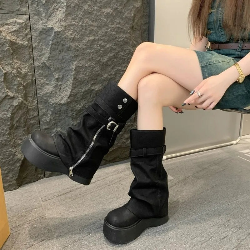 Women's Retro Platform Knight Boots | Side Zipper Mid-Calf Platform Knight Boots Axl