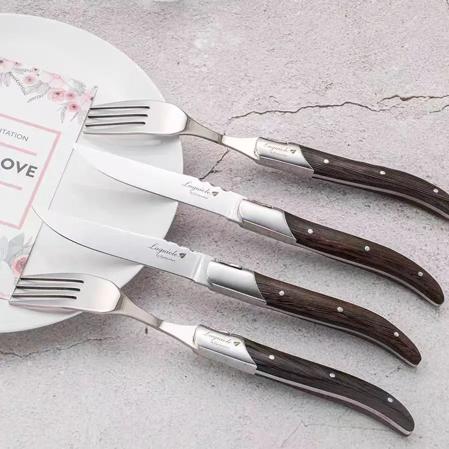 6-Piece Laguiole-Style Steak Cutlery Set – Wenge Wood Handle Cutlery Flatware Set Axl