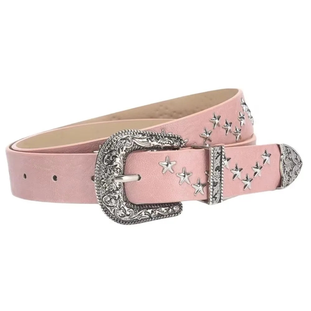 Y2K Punk Studded Belt – Gothic PU Leather Star Waistband Fashion Belt Axl Pink