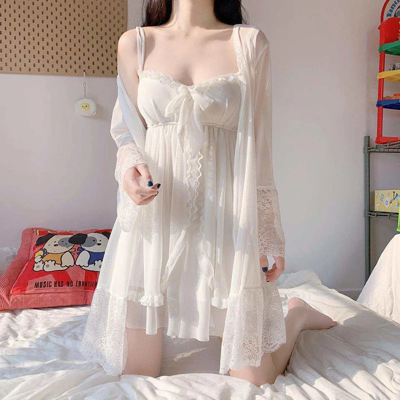 Women's Lace Bow Mesh Nightgown & Robe Set – White Sleepwear Nightgown Robe Set Axl White suit M