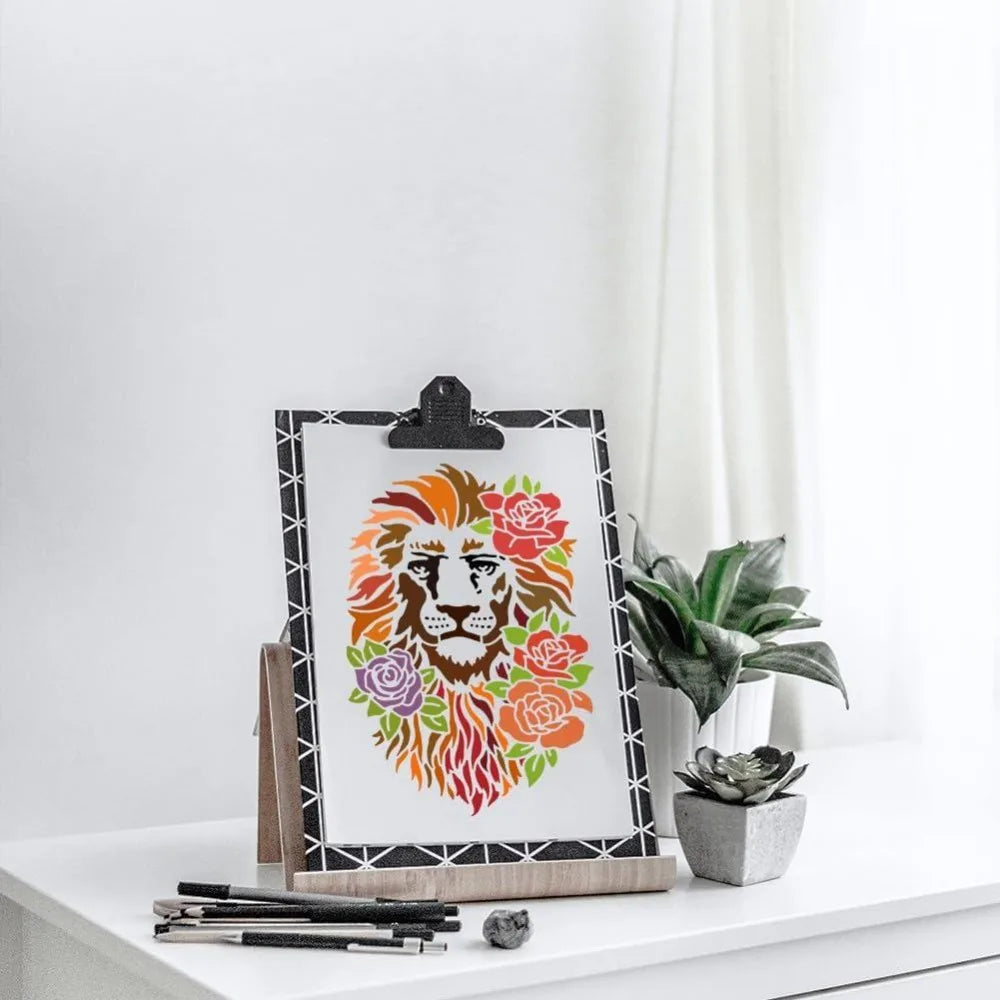 A4 Lion Flower Stencil – Reusable PET Art Template & Paint Brush Art Craft Stencil Axl