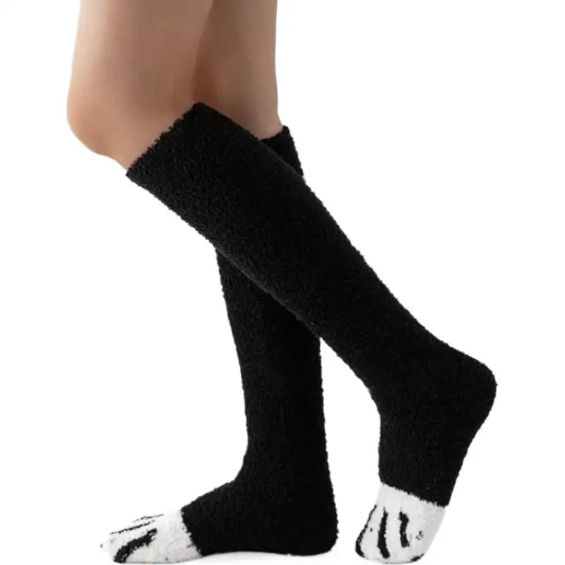 Cat Paw Plush Over-The-Knee Socks – Thick Warm Winter Stockings Plush Winter Socks Axl A One Size