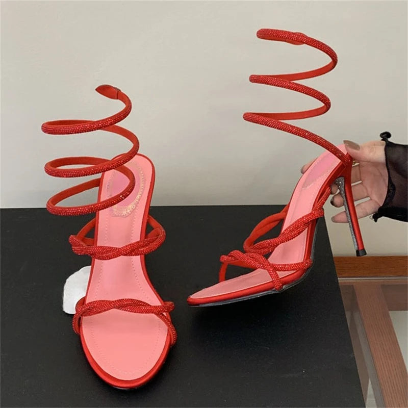 Women's Rhinestone Snake Ankle Strap High Heel Sandals High Heel Sandals Axl red 35