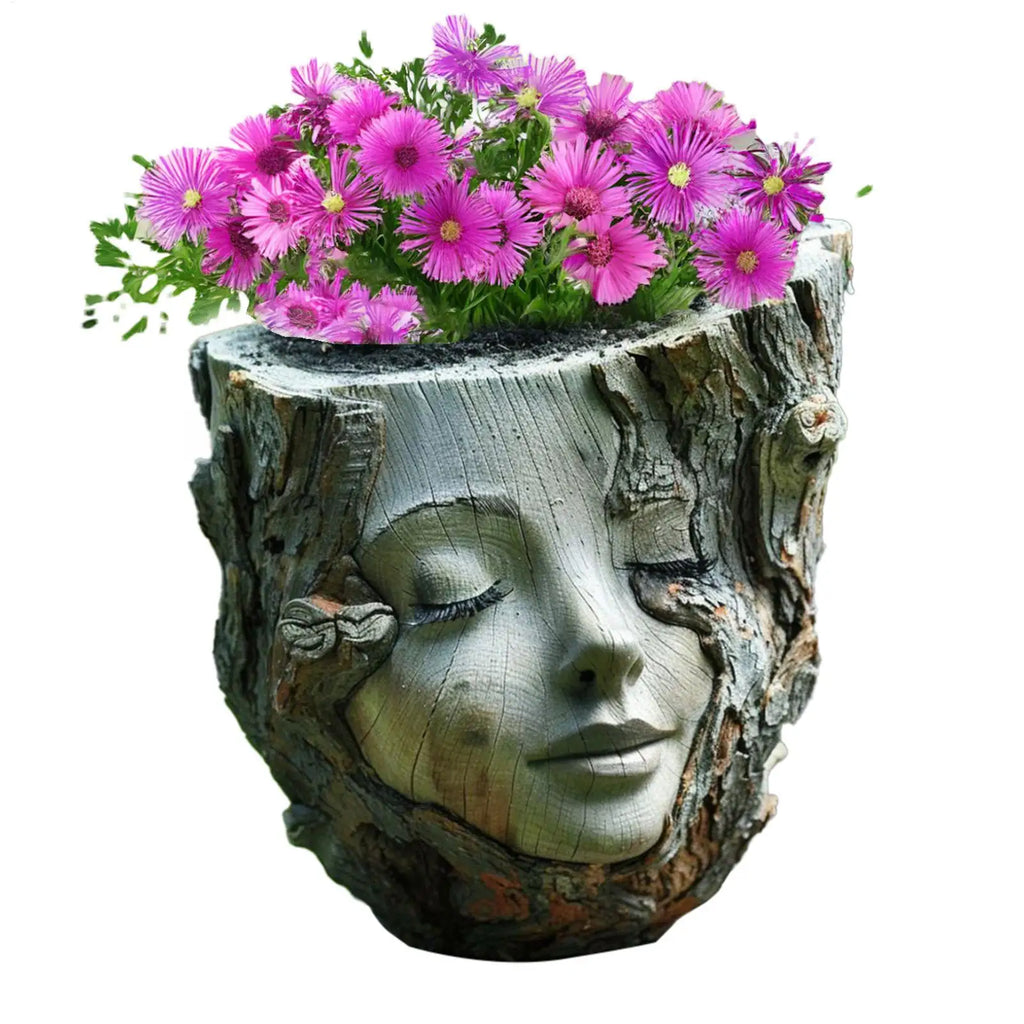 Girl Face Resin Flower Pot – Handmade Tree Stump Garden Statue Decorative Garden Planter Axl