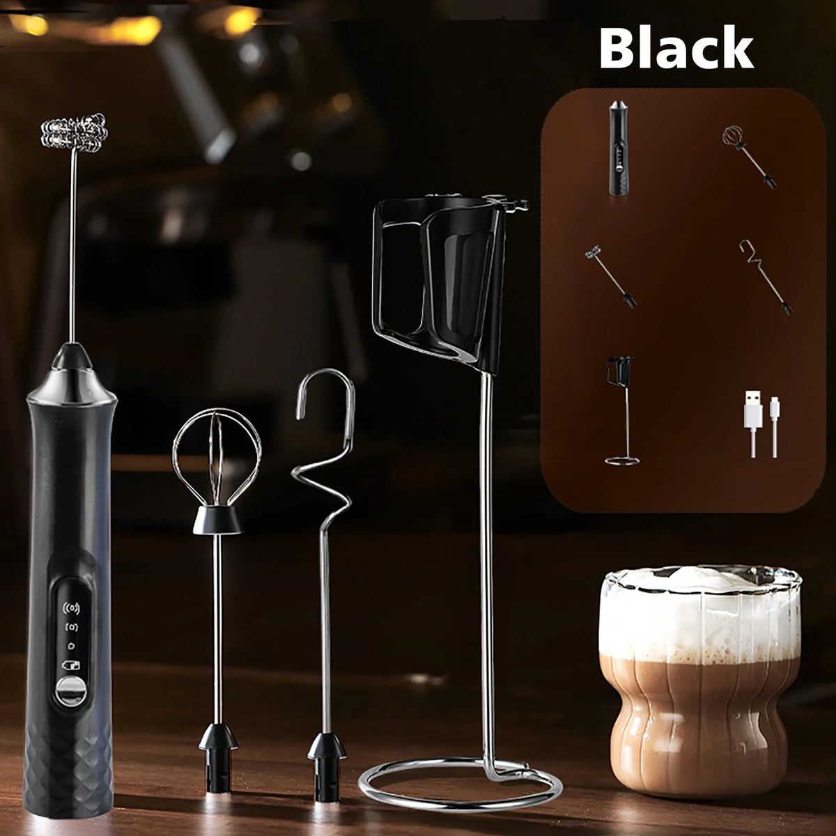 ONEKA Rechargeable Handheld Milk Frother – Electric Foam Maker Milk Frother Axl Black 3 Whisk