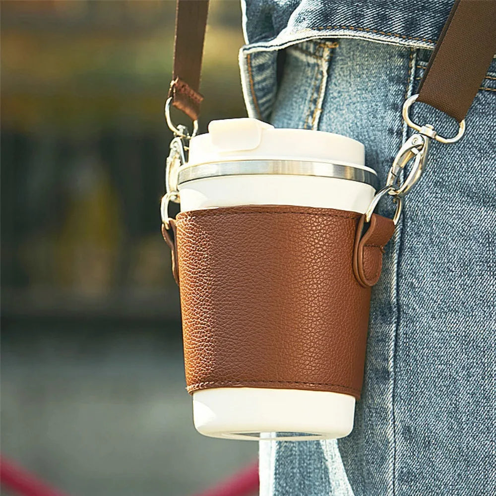 PU Leather Cup Holder Bag with Adjustable Shoulder Strap Leather Cup Carrier Bag Axl