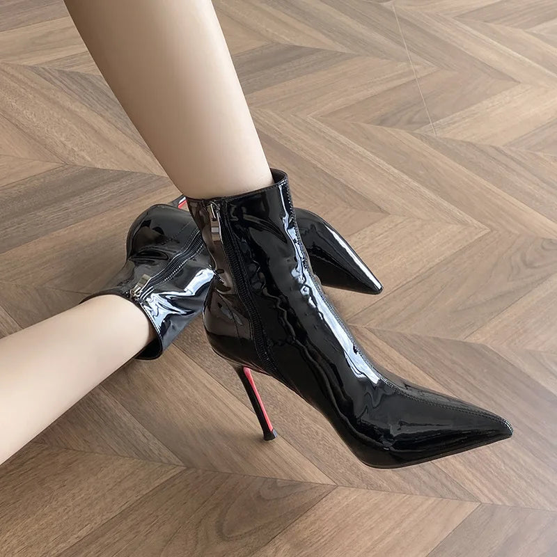 Women's Stiletto Heel Mid-Calf Boots | Pointed Toe Patent PU Stiletto Heel Boots Axl Black single (10CM) 38