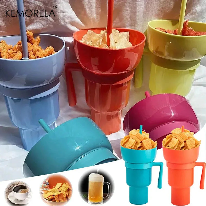 2-in-1 Popcorn Snack & Drink Cup with Handle | KEMORELA Snack Beverage Cup Axl