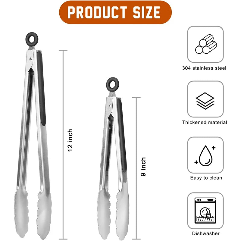 2-Pack Stainless Steel Locking Kitchen Tongs – 9 & 12 Inch Kitchen Tongs Set Axl
