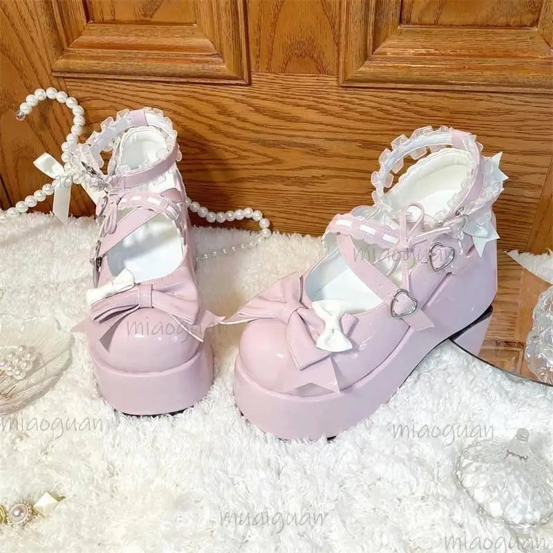 Women's Lace Bowknot Platform Mary Jane Shoes | Heart Buckle Platform Mary Janes Axl