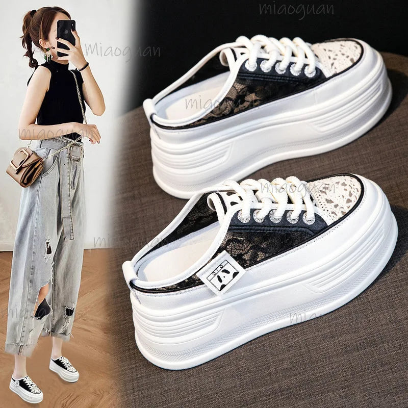 Women's 6.5cm Elevated Slide Slippers – Lace Mesh Casual Shoes Elevated Slide Slippers Axl
