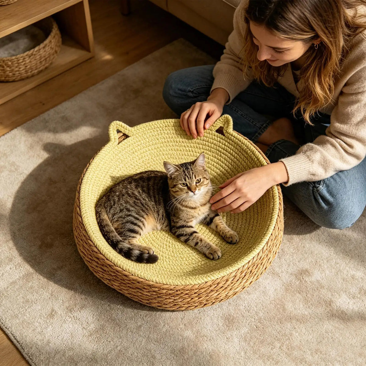 Circle Cat Scratcher Woven Nest Bed | Cotton Rope Kitten Ear Cat Scratcher Bed Axl