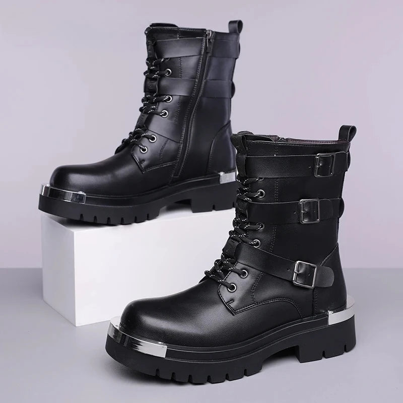 Men's Punk High Top Motorcycle Boots – Buckle & Side Zipper Motorcycle Boots Axl