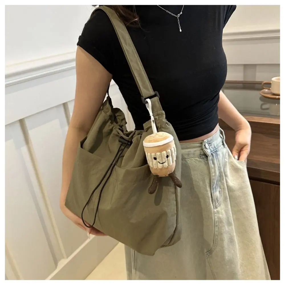 Women's Nylon Drawstring Tote – Waterproof Crossbody Bucket Bag Drawstring Bucket Bag Axl green-with pendant