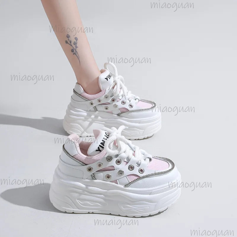 Women's 8CM Platform Chunky Sneakers – Rivet Lace-Up Shoes Platform Sneakers Axl