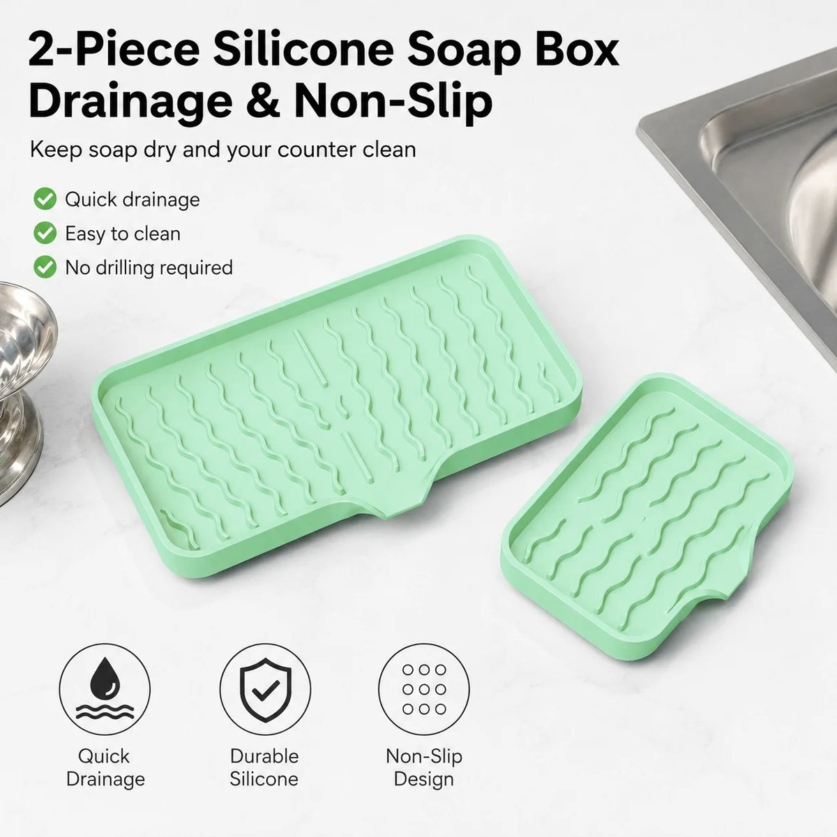 2-Pack Silicone Soap Dish Self-Draining Holder & Sponge Tray Soap Dish Set Axl