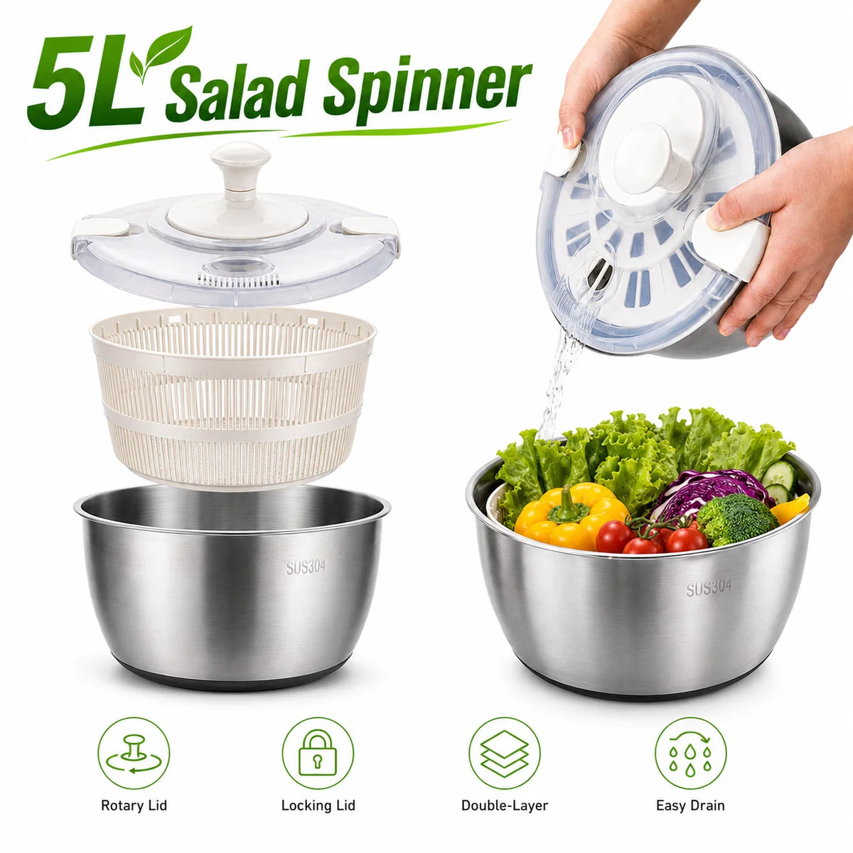 Large 5L Salad Spinner – Hand Crank Lettuce & Veggie Dryer Salad Spinner Axl 5L Stainless Steel