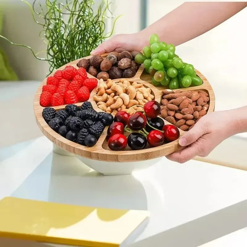 Round Bamboo Fruit Tray – 5-Compartment Divided Serving Plate Bamboo Serving Tray Axl