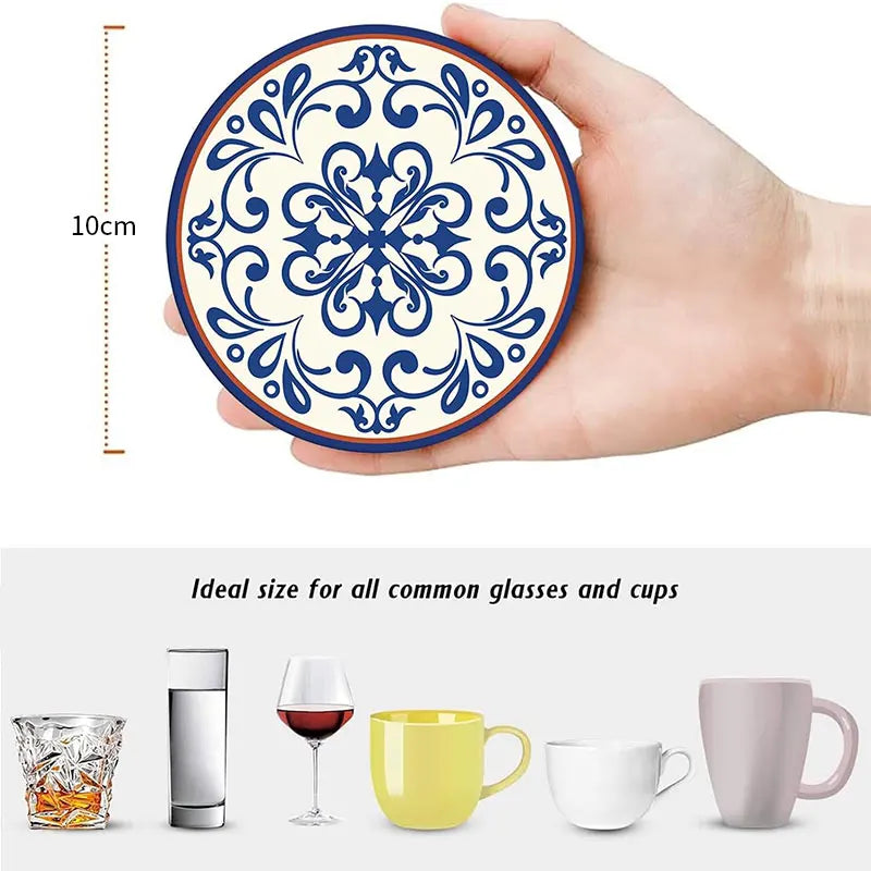 Ceramic Stone Coaster Set of 6 | Spanish Floral with Holder Ceramic Coaster Set Axl