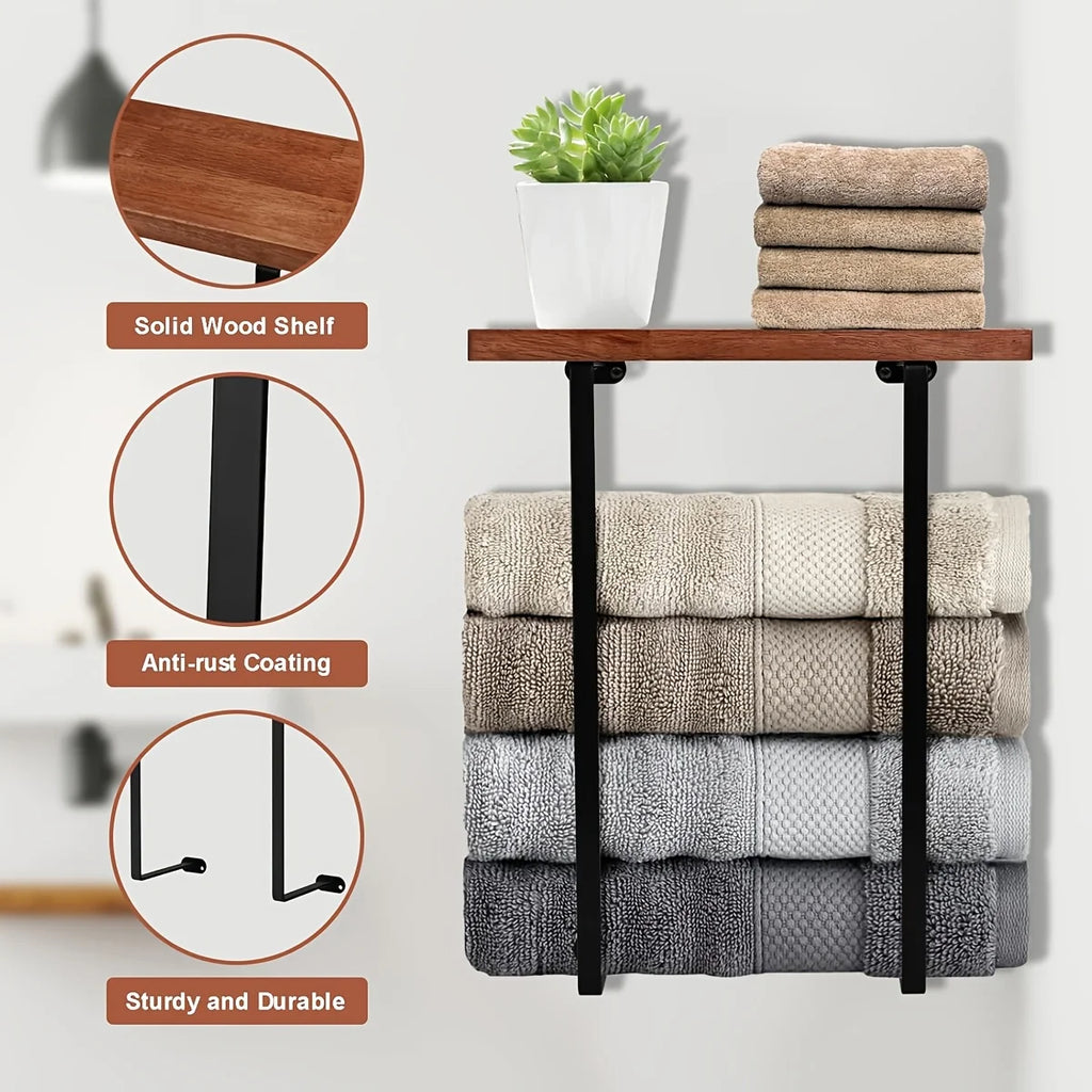 Black Wall Towel Rack with Wood Shelf | Bathroom Organizer Wall Towel Rack Axl