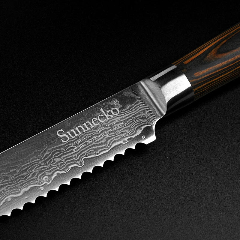 Sunnecko 8" Damascus Serrated Bread Knife – 73-Layer VG10 Steel Serrated Bread Knife Axl