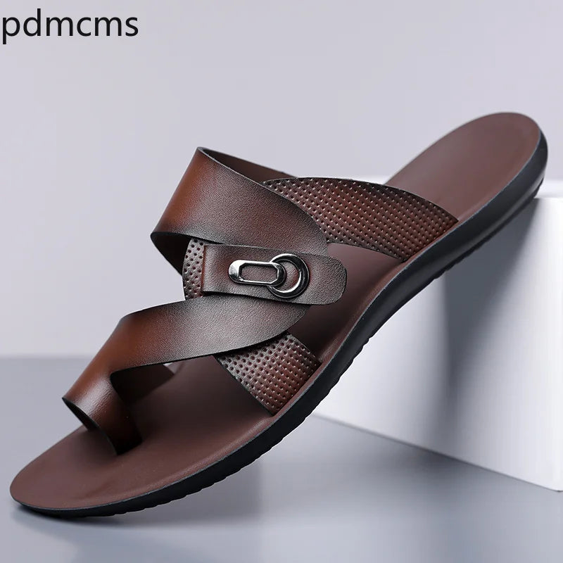 Men's PU Leather Beach Slippers – Non-Slip Flat Sandals Men's Beach Sandals Axl