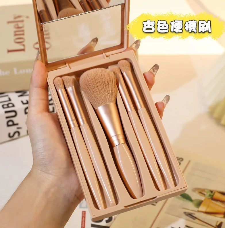5-Piece Mini Makeup Brush Set with Mirror Box | Portable Makeup Brush Set Axl Apricot