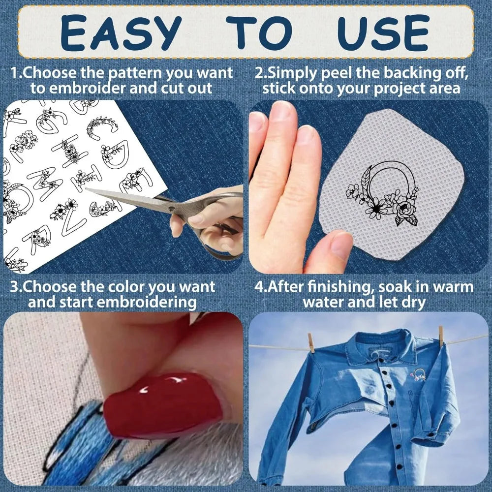 A–Z Stick & Stitch Embroidery Patterns – 4 Sheets 104 Pcs Embroidery Transfer Sheets Axl