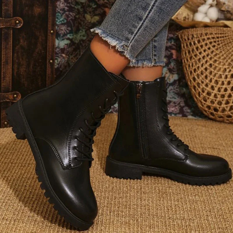 Women's British Zip Ankle Boots – PU Leather, Round Toe Booties Ankle Boots Axl black 36