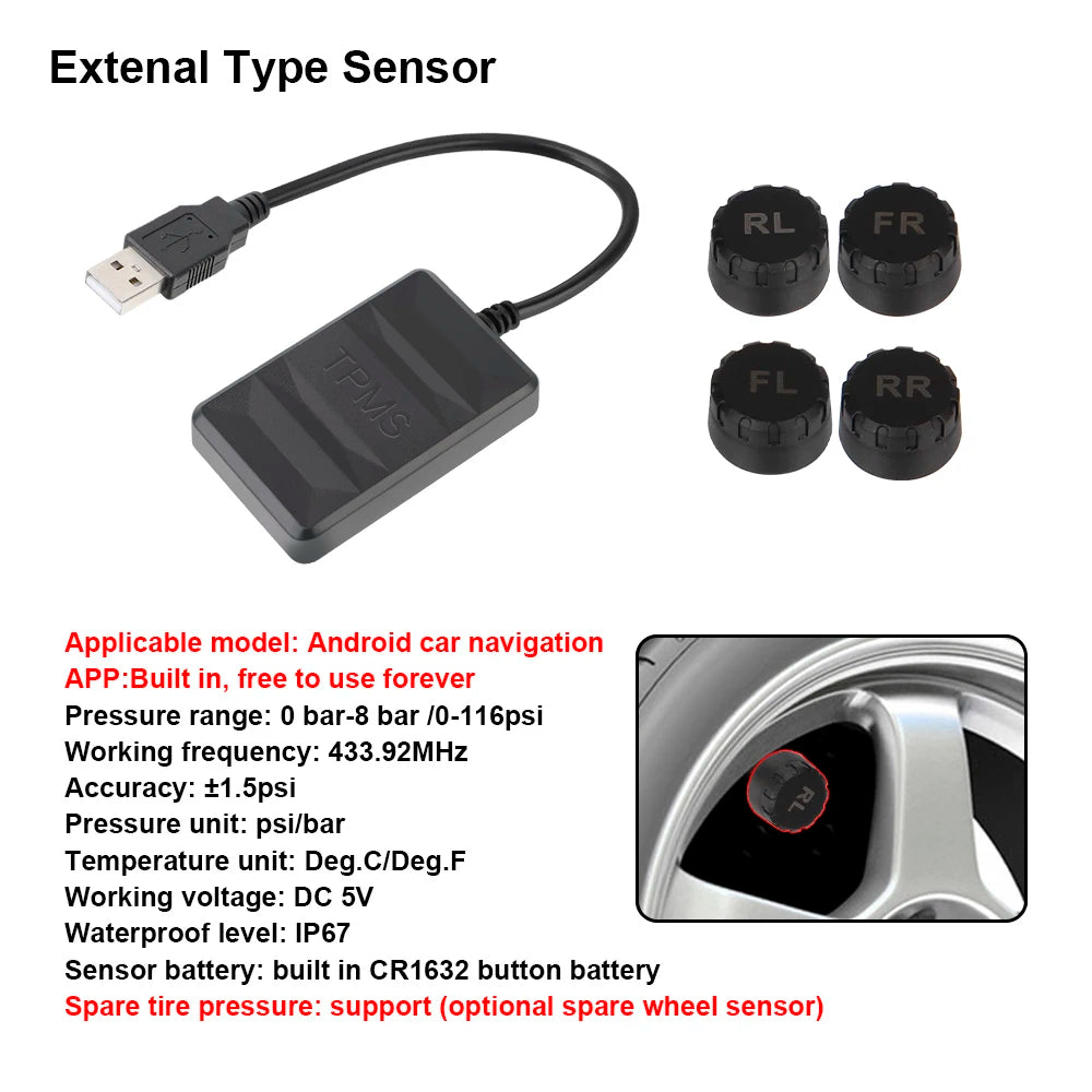 USB TPMS for Android Car Radio – Tire Pressure Monitor System Tire Pressure Monitor Axl