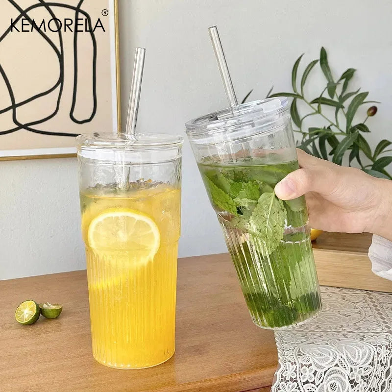 KEMORELA 600ml Stripe Glass Cup with Lid & Straw | 1-2 Pack Glass Tumbler Set Axl