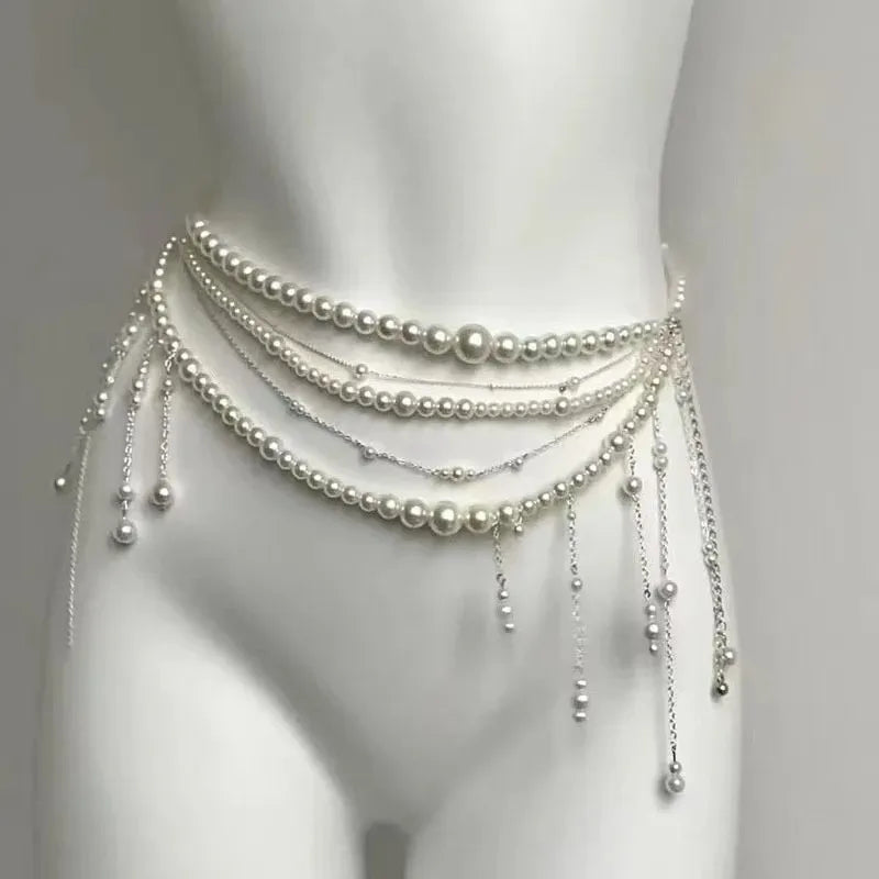 Multilayer Pearl Waist Chain Belt – Y2K Retro Women's Fashion Fashion Waist Belt Axl