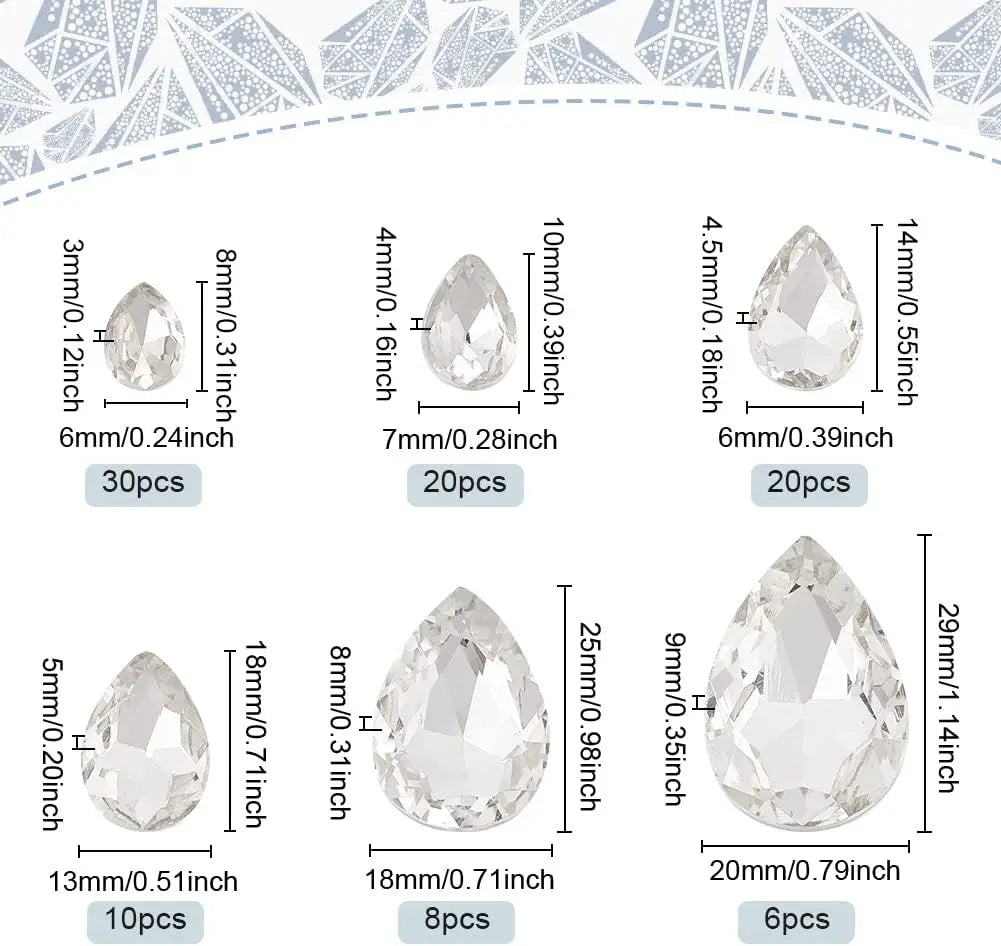 94 Pcs Teardrop Glass Rhinestones – 6 Sizes, Pointed Back Gems Craft Rhinestone Set Axl