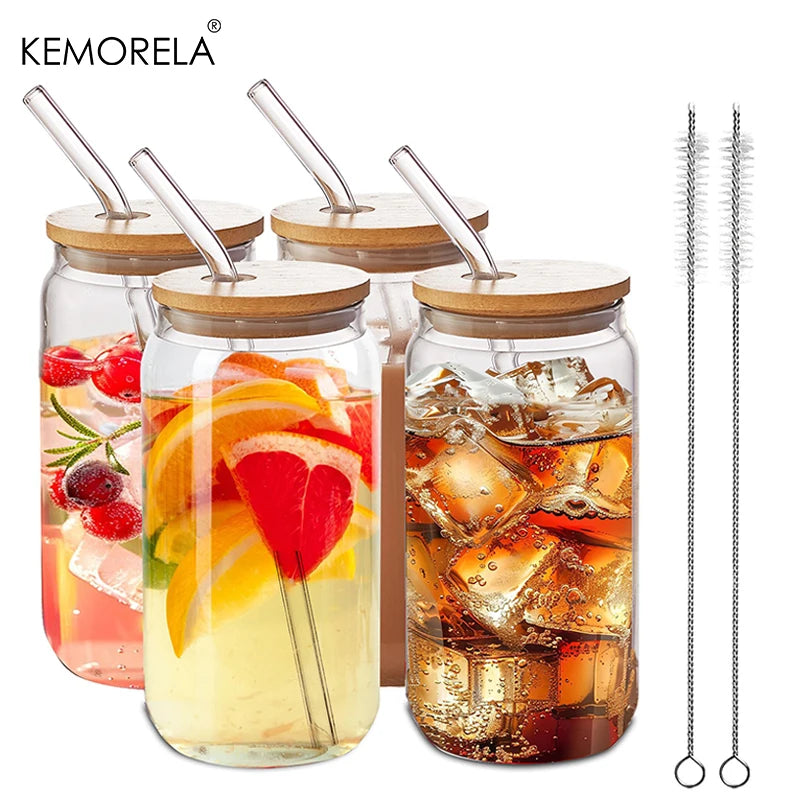 Beer Can Glass Tumbler Set 400ml – Bamboo Lid & Straw Brush Glass Tumbler Set Axl 4PCS 400ml