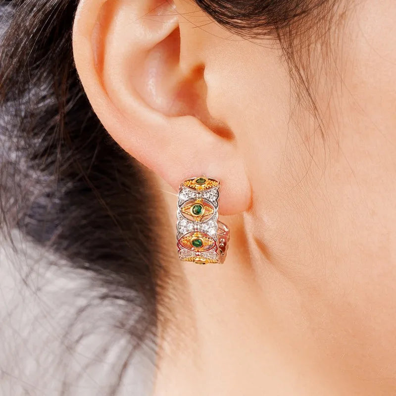 Huitan Two-Tone Hoop Earrings – Green & White Cubic Zirconia Hoop Earrings Axl