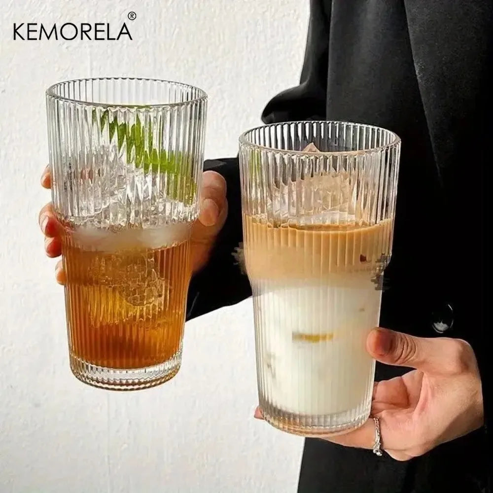 KEMORELA 600ml Stripe Glass Cup with Lid & Straw Glass Tumbler Axl